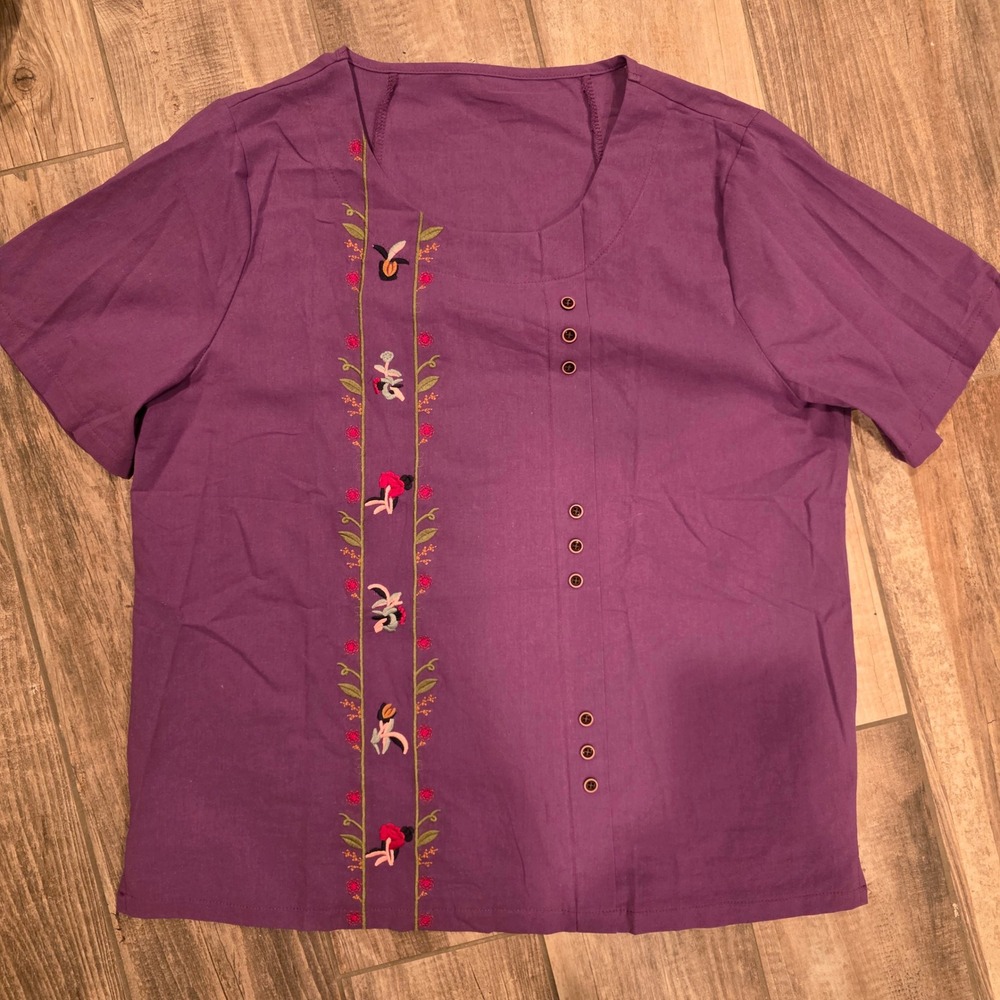 Womens Purple Floral Embroidered Short Sleeve Blouse Cotton Blend Top Size XL